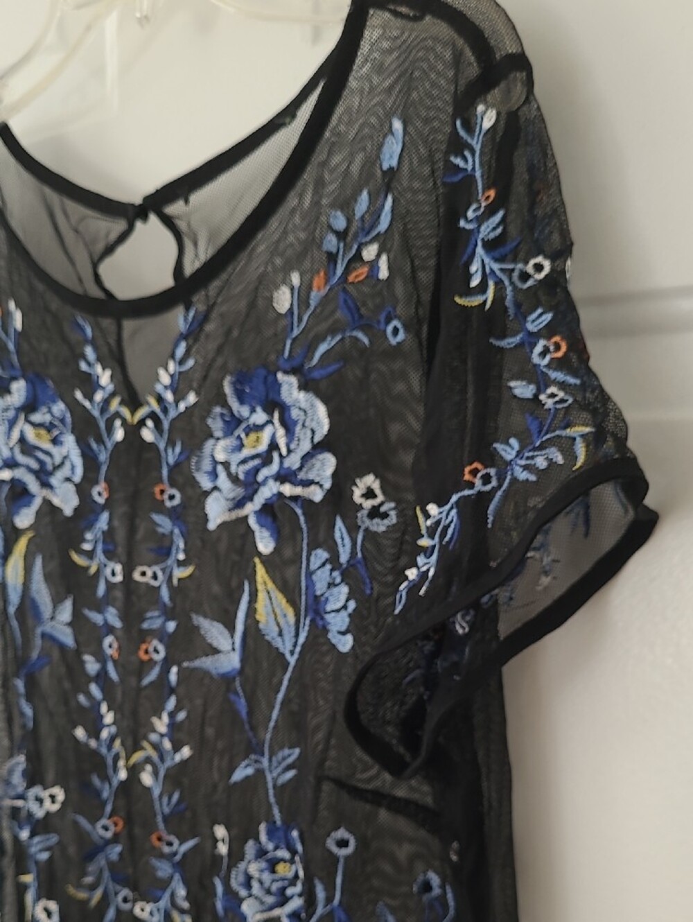 White House Black Market Sheer Black Blouse with Blue Floral Embroidery - Picture 4 of 10